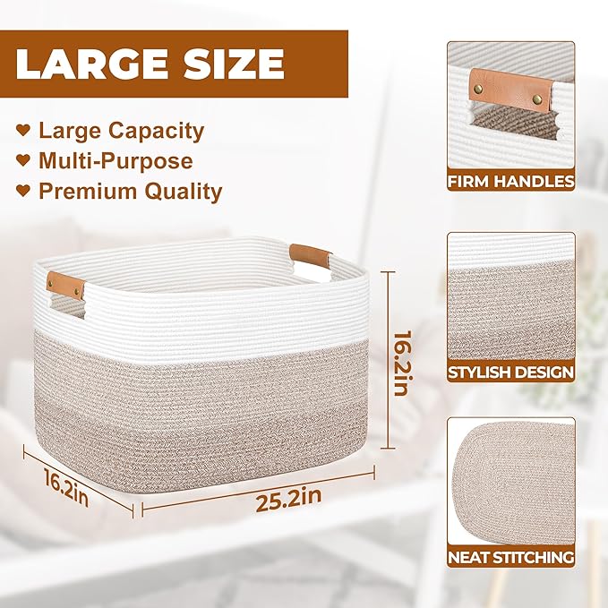 danpinera Large Woven Basket 108L+50L Rectangle Toy Storage Basket for Living Room, Nursery & Laundry, Large Cotton Rope Basket with Leather Handle, Gradient Brown&Gray