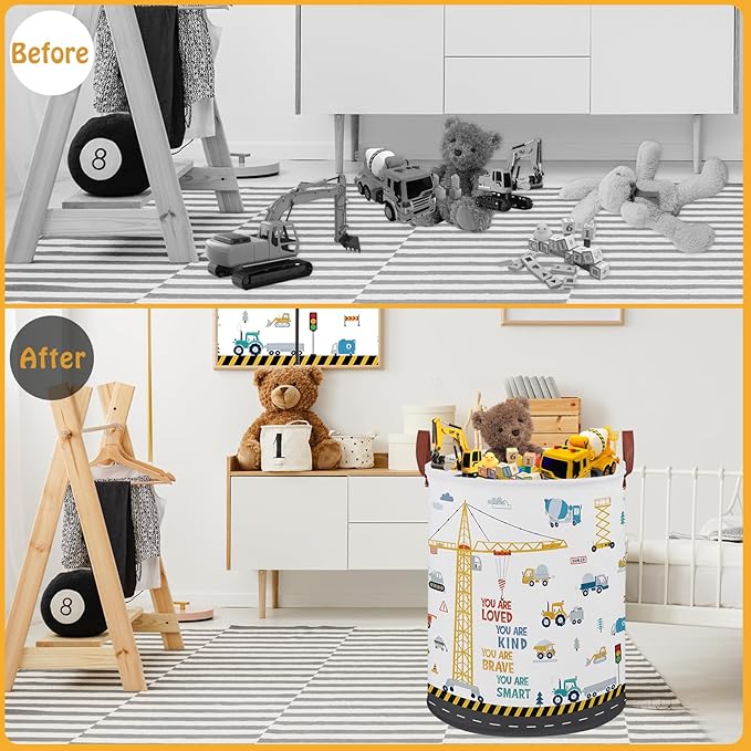Construction Decor for Boys Room Laundry Basket,Trucks Toddler Kid Laundry Hamper, Car Excavators Baby Dirty Clothes Basket,Toy Organizer Bin (Yellow Construction)