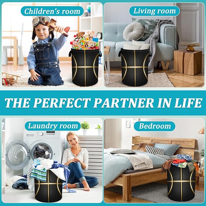 Black and Gold Basketball Laundry Basket, Foldable Waterproof Oxford Cloth Laundry Hamper Funny Tote Bag Dirty Clothes Storage Bucket Toy Organizer for Bathroom/Laundry/Bedroom 15.7"x19.6"