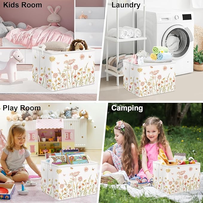 Clastyle Boho Flower Nursery Bin Spring Summer Wildflower Floral Dandelion Plant Butterfly Baby Girl Gift Basket Rectangle Clothes Towel Basket Book Toy Chest