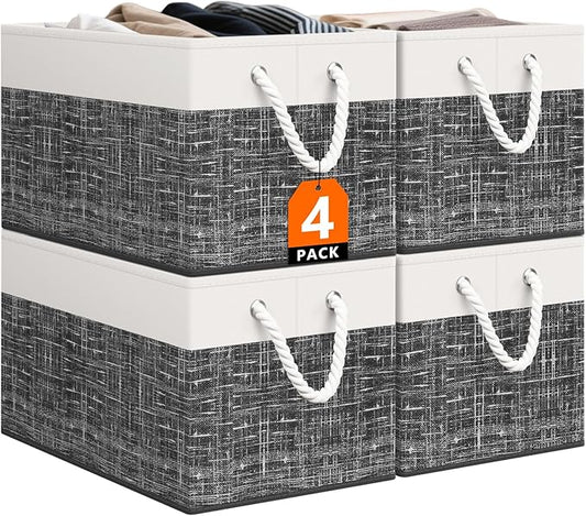 Storage Bin,Collapsible Storage Basket For Organizing,Large Storage Boxes With Rope Handles,Storage Containers,White & Black,4 Pack