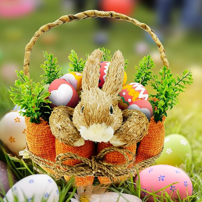 DearSun 11" H*8" Dia Easter Straw Bunny Basket with Carrot Ornaments Easter Egg Hunting Basket Rabbit Handicrafts Basket for Kids Spring Party Supplies Garden Decoration