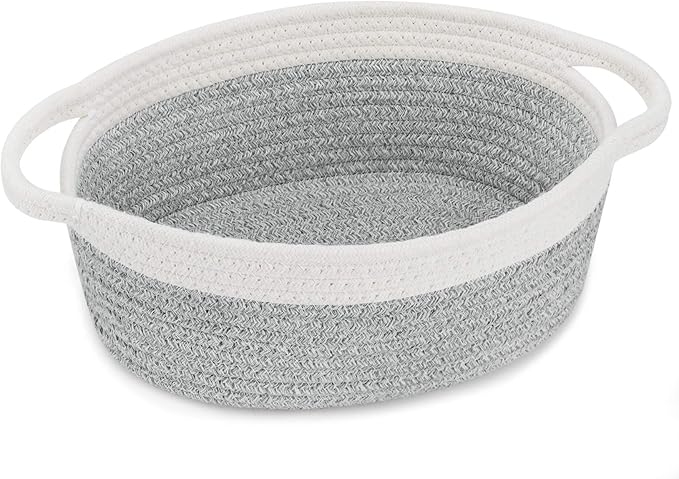 ABenkle Small Basket with Handles, Boho Decorative Rope Woven Dog Cat Toy Storage Bin Shelf Storage Organizer, Easter Christmas Gift Basket, 12"x8"x5"