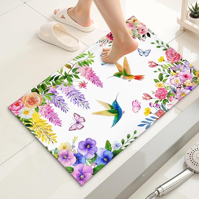 Hummingbird Flowers Bath Rug, Watercolor Spring Floral Butterly Bathroom Mats 32x20 Inch, Birds Plant Non-Slip Absorbent Bathroom Rugs for Bedside Shower Room Bathtub Kitchen Sink