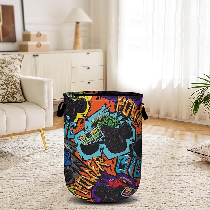 Monster Truck car Laundry Basket, Laundry Hamper Collapsible Oxford Cloth with Handle Clothes Toy Storage Bin for Bathroom Laundry Room Bedroom 15.7 X 20 Inch