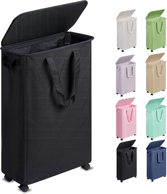 Slim Laundry Hamper with Lid and Wheels, Small Rolling Laundry Basket with Handle for Small Spaces, Tall Dirty Clothes Hampers for Dorm, Bathroom and Bedroom, 55L, Black