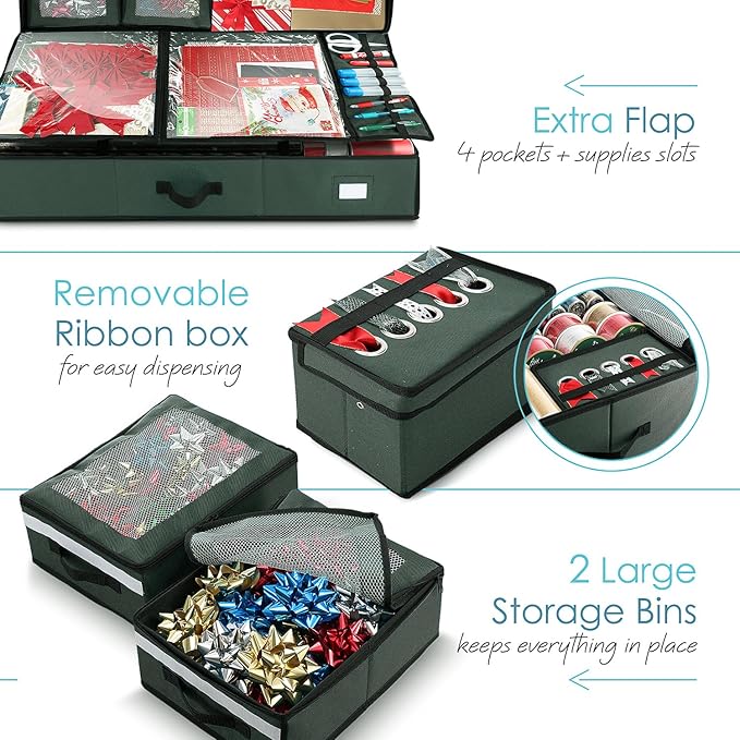 Hearth & Harbor Holiday Storage with Extra 2 PC of Christmas Storage Bins and Ribbon Storage Organizer - Fade Resistant Wrapping Paper Storage Containers with Wheels Fits Up to 30 Rolls of 40" Length