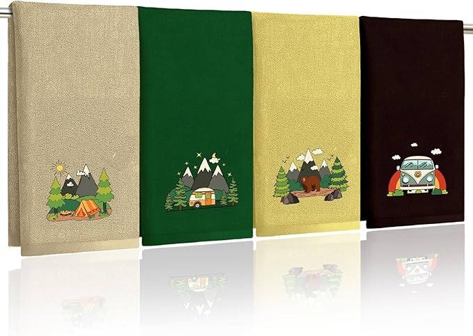 4 Pcs Camping Towels Camp Cotton Towel Set 29 x 13.3 Inch Camper Embroidered Towels Hand Kitchen Decorative Camping Bath Hand Towel Camper Bathroom Accessories Farmhouse Decor Housewarming Gift