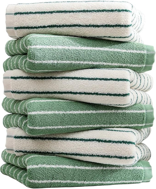 Green Stripe Towels Set of 6，Ultra-Absorbent & Quick-Drying Bathroom Hand Towels 100% Cotton Face Towels, Soft Hand Towels for Bathroom，13” x 29”