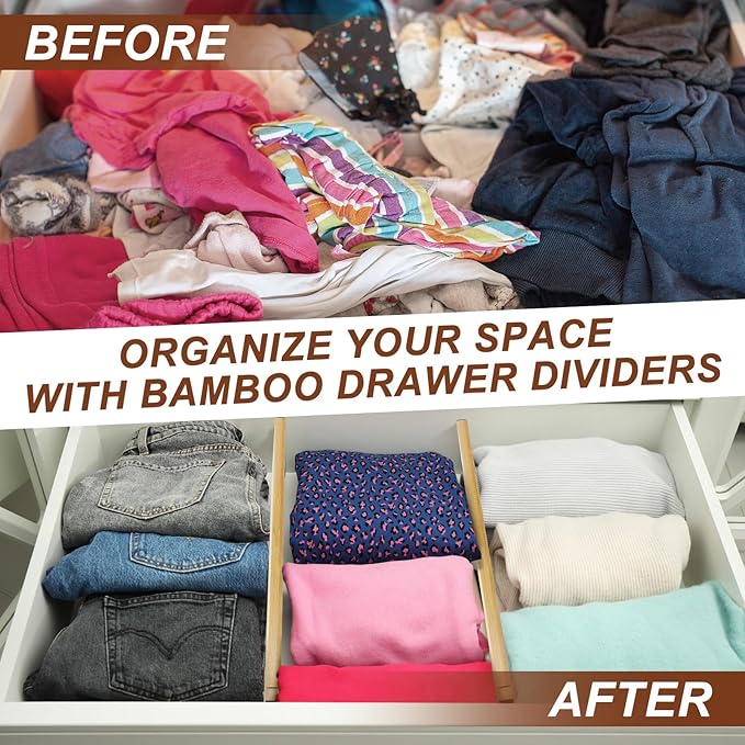4 Pcs Deep Bamboo Drawer Dividers, Deep Kitchen Dresser Drawer Organizer with Spring Loaded for Clothes, Adjustable Expandable from 15-22 Inch (Wood Color,6 Inch)