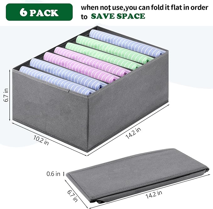6 PACK Jeans Organizers for Closet, Foldable Wardrobe Clothes Organizer, Stackable Closet Clothes Drawer Organizer Tshirts with 7 Grids for Leggings, Sweater, Jean, Pants, Grey