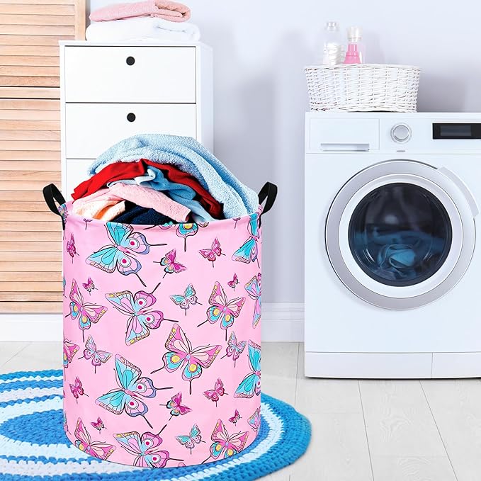19.7 Inch Round Laundry Hamper Cute Butterfly Pattern Laundry Basket Fabric Storage Hamper Organization Bin, Toy Box,Gift Basket with Handles for Room