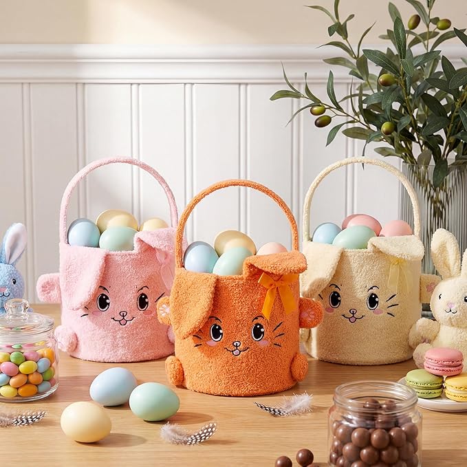 Mimorou 3 Pack Plush Bunny Easter Basket Sherpa Easter Bucket with Rabbit Ears Decorative Bow Large Bunny Tote Bags Ideal for Egg Hunt, Party Favors, Decorations & Storage (Orange Pink and Yellow)