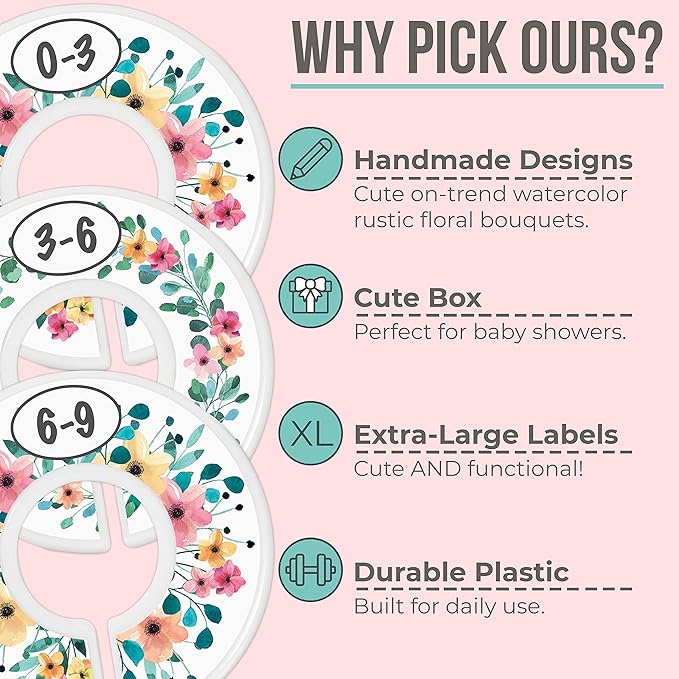 Baby Closet Size Dividers - Rustic Floral Nursery Closet Dividers for Baby Clothes - Dividers by Month for Baby Girl Nursery Decor - Flower Baby Closet Dividers for Clothing Racks - [Rustic Floral]