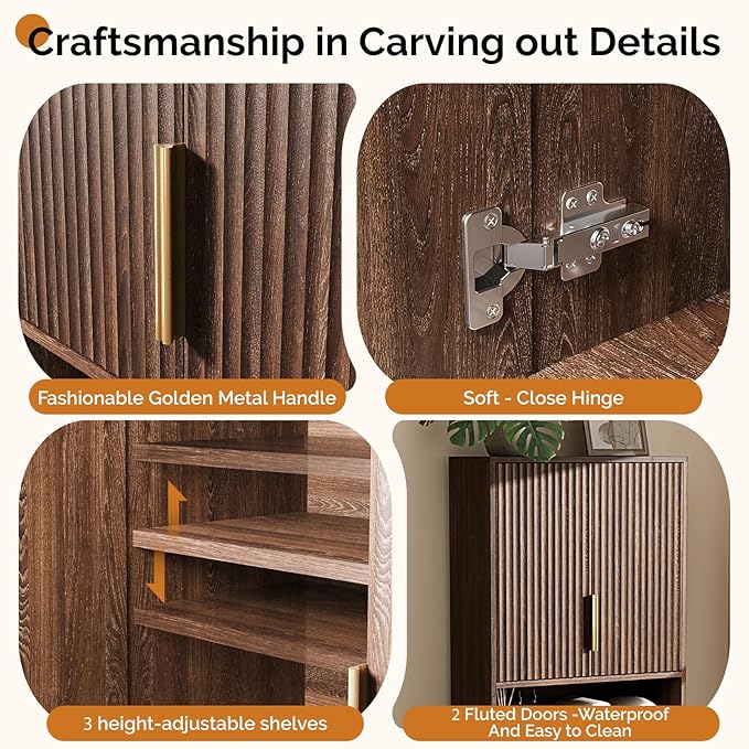VINGLI Over The Toilet Storage Cabinet, Mid Century Modern Bathroom Organizer with Fluted Doors, Freestanding Wooden Space Saver Stand with Adjustable Shelves for Laundry, Dark Walnut