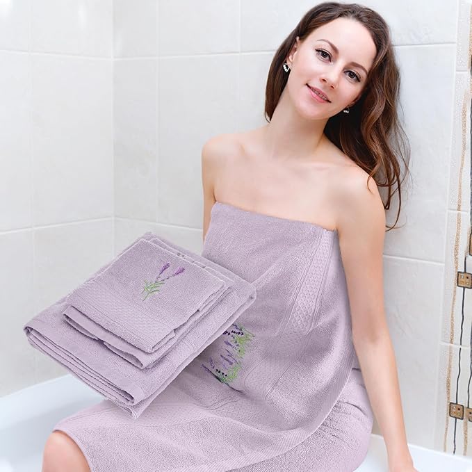 3 Pcs Lavender Floral Bathroom Towel Set Farmhouse Embroidered Lavender Floral Towels Vintage Decorative 100% Cotton Bath Towel Highly Absorbent Elegant Decor Set for Bathroom