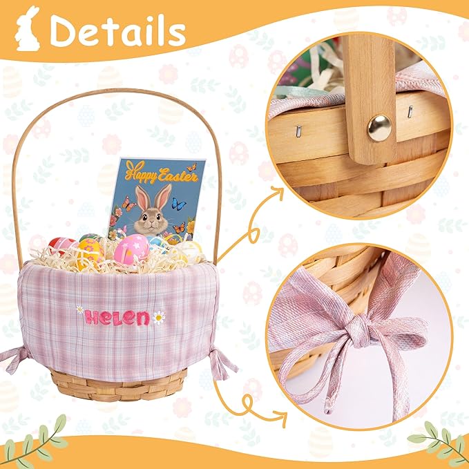 Personalized Easter Basket Large 2025 New Custom Embroidered Designed Liners with Stuffers Hand-Woven Folding Handle