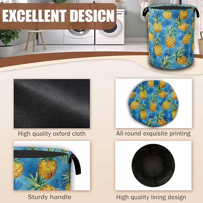 Tropical Hawaii Pineapple Laundry Basket, Laundry Hamper Waterproof Oxford Cloth Tote Collapsible,Clothes Storage Bucket Decorative Toy Organizer For Bathroom Bedroom 16" x 20.8"