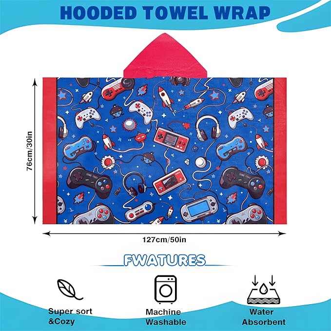 Hooded Towels for Kids -Toddler Beach Towel- Super Absorbent & Quick Dry 100% Cotton 30x50 Inch - to Kid Ages 3-10-Video Game/Gaming Pattern Design