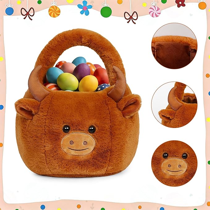 Easter Basket, Easter Baskets for Kids, Highland Cow Baskets with Handle for Gifts Empty, Bunny Egg Hunting, Basket Stuffers Essentials