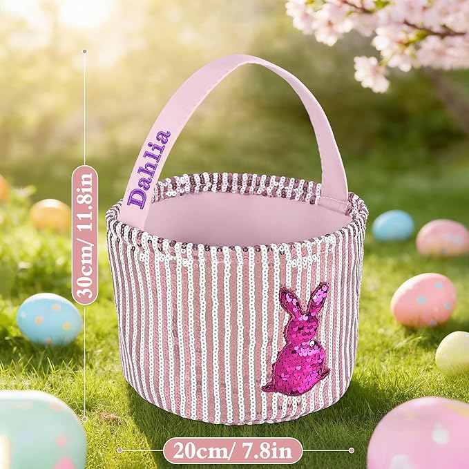 Personalized Easter Basket for Kids, Boys & Girls – Ideal for Egg Hunting & Easter Gift Storage (Pink Sequin Bunny Basket)