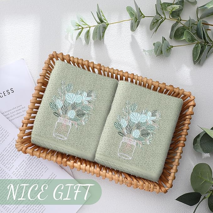 2 Pcs Eucalyptus Hand Towels Gray Green Bathroom Decor 14x29 Inch Embroidered 100% Cotton Soft Absorbent Spring Summer Decorative Hand Towels for Bathroom Kitchen