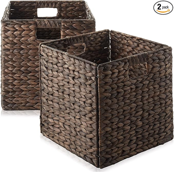 Casafield 13" x 13" Water Hyacinth Storage Baskets, Espresso - Set of 2 Collapsible Cube Organizers, Woven Bins for Bathroom, Bedroom, Laundry, Pantry, Shelves