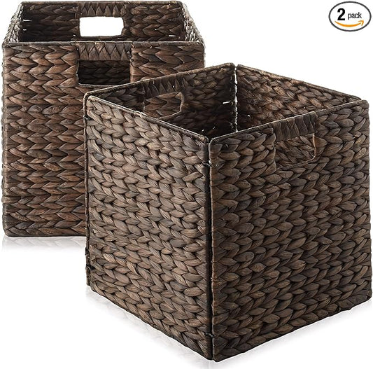 Casafield 13" x 13" Water Hyacinth Storage Baskets, Espresso - Set of 2 Collapsible Cube Organizers, Woven Bins for Bathroom, Bedroom, Laundry, Pantry, Shelves