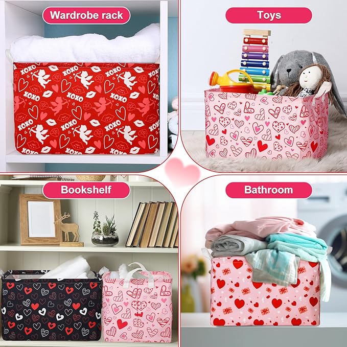 Bucherry 6 Pcs Valentine's Day Storage Baskets Empty Red White Pink Heart Collapsible Waterproof Canvas Storage Bin Organizer with Handles for Galentines Gifts Bookshelf Box Laundry Decor