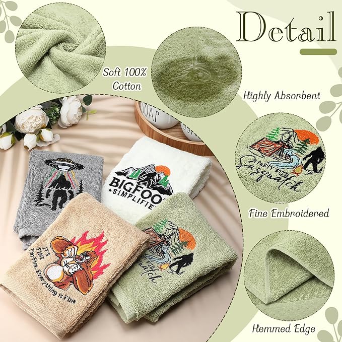 4 Pcs Bigfoot Bathroom Towels Sasquatch Hand Face Wash Towels 29" x 13" Cotton Funny Embroidered Farmhouse Decorative Bathroom for Kitchen Accessories Housewarming