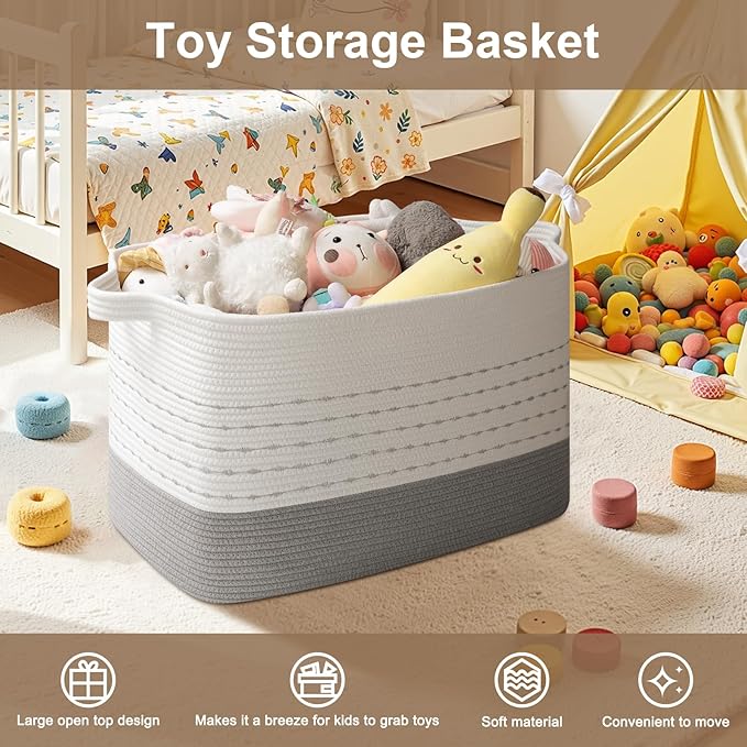 OIAHOMY 108L Extra Large Blanket Basket, 25”x16”x16” Rectangle Woven Cotton Rope Baskets for for Living Room, Toy Storage with Handle- Gradient Grey