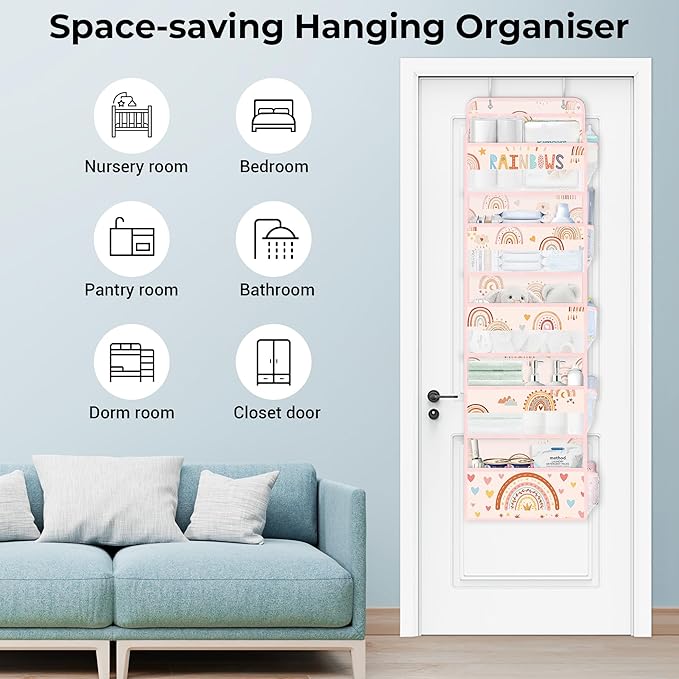 Clastyle Boho Rainbow Baby Clothes Diaper Over The Door Organizer Kid Pink Cloud Toy Stuffed Animal Nursery Hanging Storage Organizer Closet Door Hanging Shelf Storage for Bedroom Bathroom Pantry