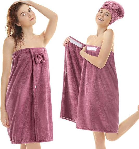 Xtinmee 2 Sets Womens Wrap Towel with Hair Towel Bath Towel Wrap Shower Dress Towel Spa Wraps for Women's Bathrobe (Purple, Normal Size)