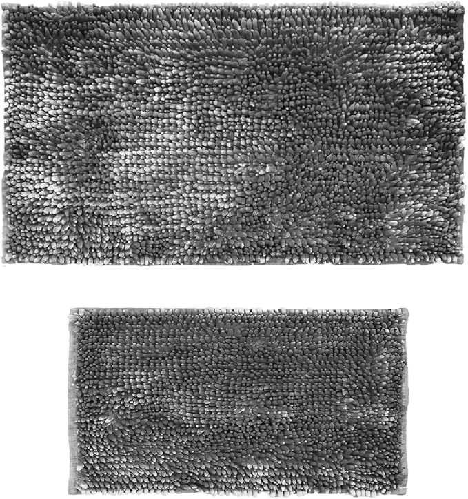 2-Piece Luxurious Ultrasoft Butter Chenille Bath Mats Set. Large Bath Mat and Sink Mat. 100% Polyester (Grey)