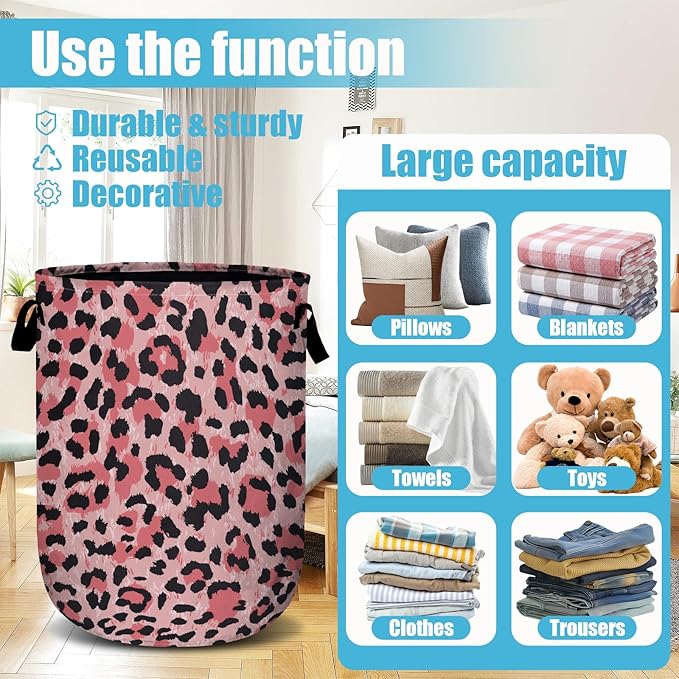 Pink Leopard Laundry Basket, Laundry Hamper Collapsible Oxford Cloth with Handle Clothes Toy Storage Bin for Bathroom Laundry Room Bedroom 15.7 X 20 Inch