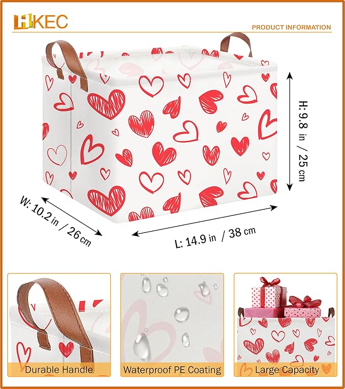 Rectangle Pink Valentine Gift Basket Empty with Handles,Cute Organizer Toy Bin,Gift Basket for Girl(Pink Line Love)
