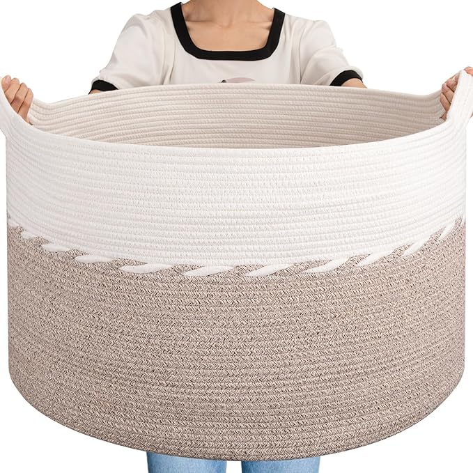 OIAHOMY 125L Extra Large Blanket Basket, 25" x 16", Jumbo Laundry Hamper, Cotton Rope Basket with Handles for Living Room,Baby Toy Storage Bins, Brown
