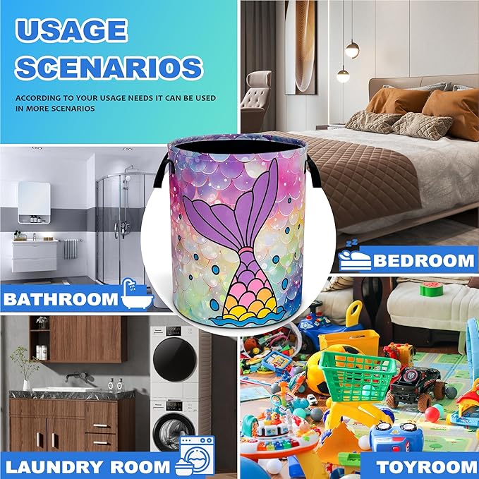 Mermaid Tail Laundry Basket Oxford Cloth Colorful Mermaid Scales Laundry Hamper With Handle Foldable Portable Clothes Storage Basket 18.9 X 16.5 In Storage Bag For Laundry Room/Bathroom/Bedroom