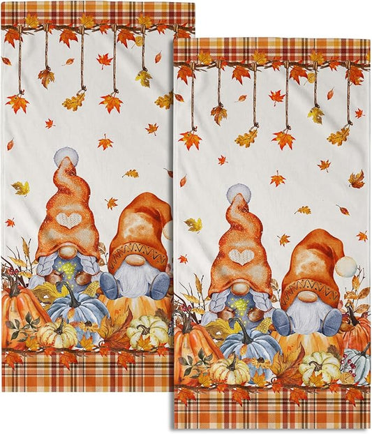 Hello Fall Gnome 2-Piece Autumn Maple Leaves Pumpkins Hand Fingertip Towels Orange White Buffalo Plaid Highly Absorbent Towels for Bathroom Kitchen SPA Gym 14"x28"