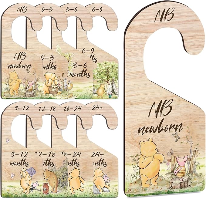8PCS Classic Winnie Baby Closet Dividers for Newborn, the Pooh Baby Nursery Decor Wooden Hanger, Winnie Clothes Dividers for Closet, Double-Sided Printing