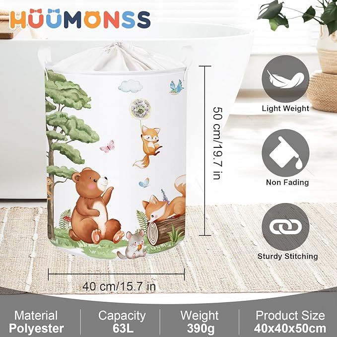 Forest Animals Baby Laundry Hamper Collapsible Clothes Kids Storage Basket Bear Fox Large Boys Girls Gift Toy Box Bin for Nursery, Squirrels, 63L