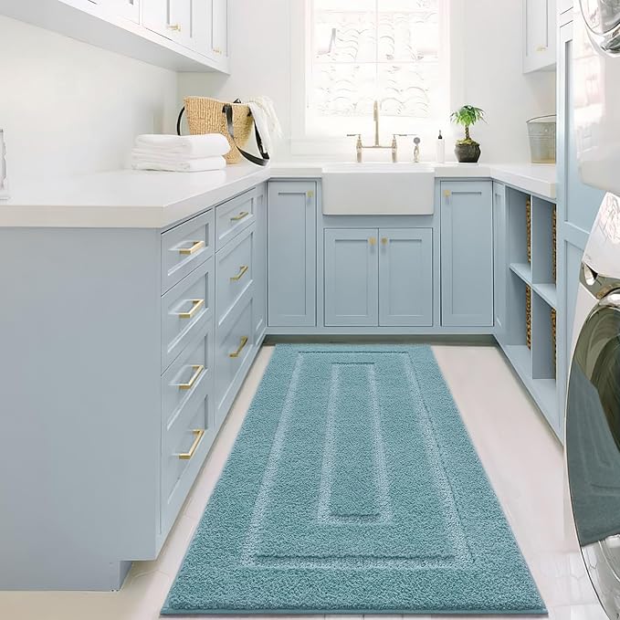 HOMORE Bathroom Runner Rug 24x60 Inch Non Slip Washable Bathroom Rug, Soft and Absorbent Microfiber Long Bath Rugs, TPR Backing Plush Bath Mat for Shower Floor, Spa Blue