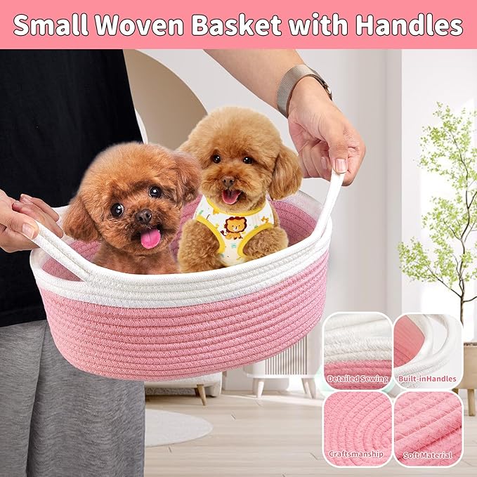 Small Woven Basket with Gift Bags and Ribbons Cute Baskets for Gifts Empty 12"x8"x5" Small Rope Toy Basket for Babies Baskets for Storage, White & Pink