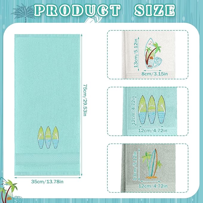 3 Pack Summer Surfboard Hand Towels for Bathroom 100% Cotton Embroidered Beach Bathroom Towels 13.78 x 29.53 Inch Soft Absorbent (Green Series, Surfboard)