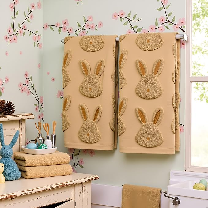 2pcs Easter Bunny Hand Towels Set 100% Cotton Soft Absorbent Spring Bathroom Hand Towels 14x29 Inch Cute Jacquard Easter Kitchen Decor Towels Holiday Kitchen Bathroom Decor Gift(Brown)