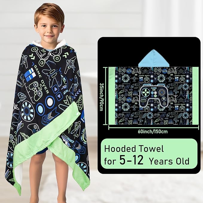 Hooded Towels for Kids Game 60" x 35" Toddler Bath Beach Towel Poncho with Hood Super Soft and Absorbent 100% Microfiber for Boys Ages 5-12