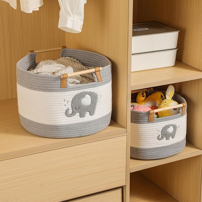 Large Blanket Basket 35L Cotton Rope Basket with Wooden Handles Woven Baskets for Kids Stuffed Animal Toys Storage for Nursery, Laundry Hamper Clothes Baby Hamper Boys Gift Basket Empty, (Elephant ）