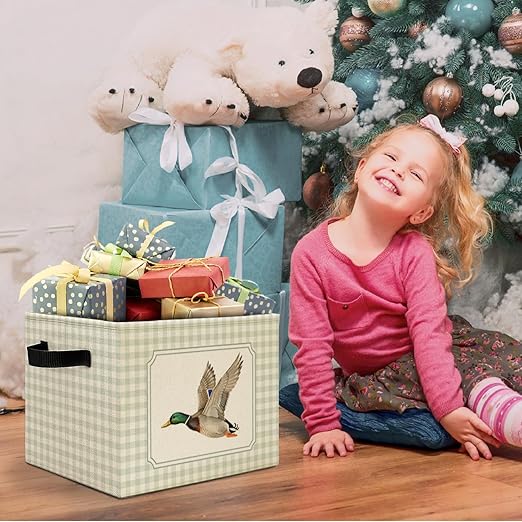 Green Checkered Mallard Duck Storage Bins Box with Handles, Rustic Flying Mallard Duck Plaid Laundry Basket Hamper Collapsible Clothes Toys Organizer for Kids Boys Bedroom Bathroom