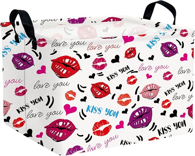 Large Valentine's Day Basket Heart Shaped Storage Bin for Gifts Collapsible Organizer Room Decor (Mouth Black Love)