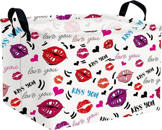Large Valentine's Day Basket Heart Shaped Storage Bin for Gifts Collapsible Organizer Room Decor (Mouth Black Love)